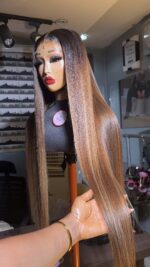 Raw Straight Wig —28” | Brown  highlight Custom Colored | 350g | 5*5 HD Closure - Image 3